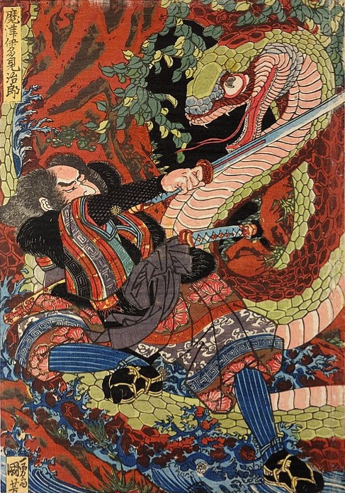 Matsui Tamijiro, sword in hand, fighting a giant snake