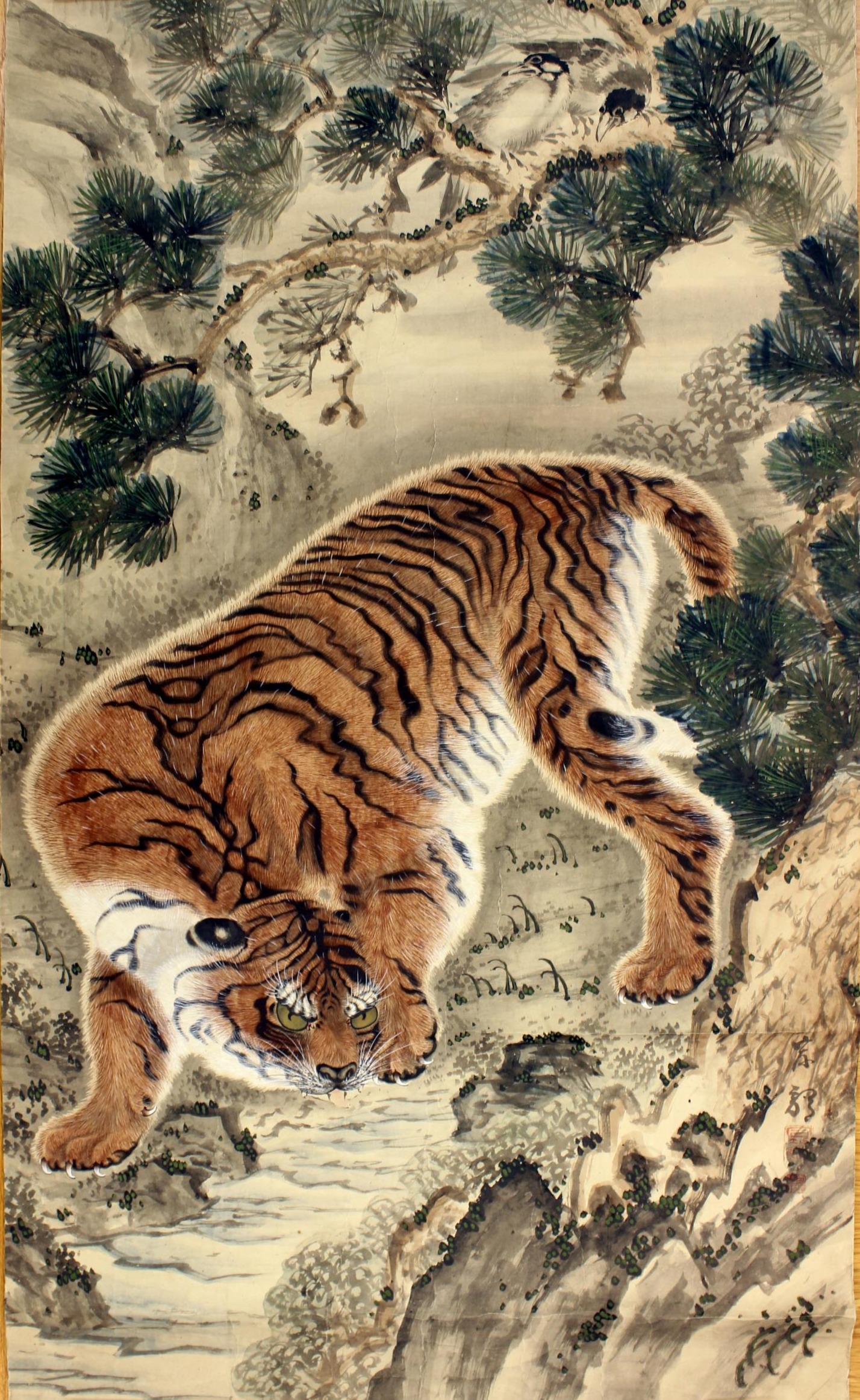 Tiger on rock by water.